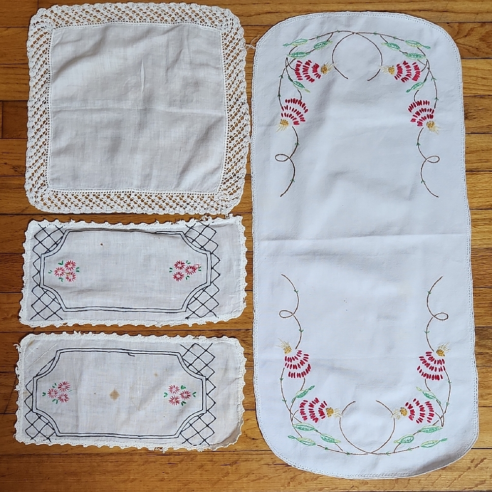 Vintage Hand Crafted Floral Embroidered White Table Linen Blend Doilies Set of 4